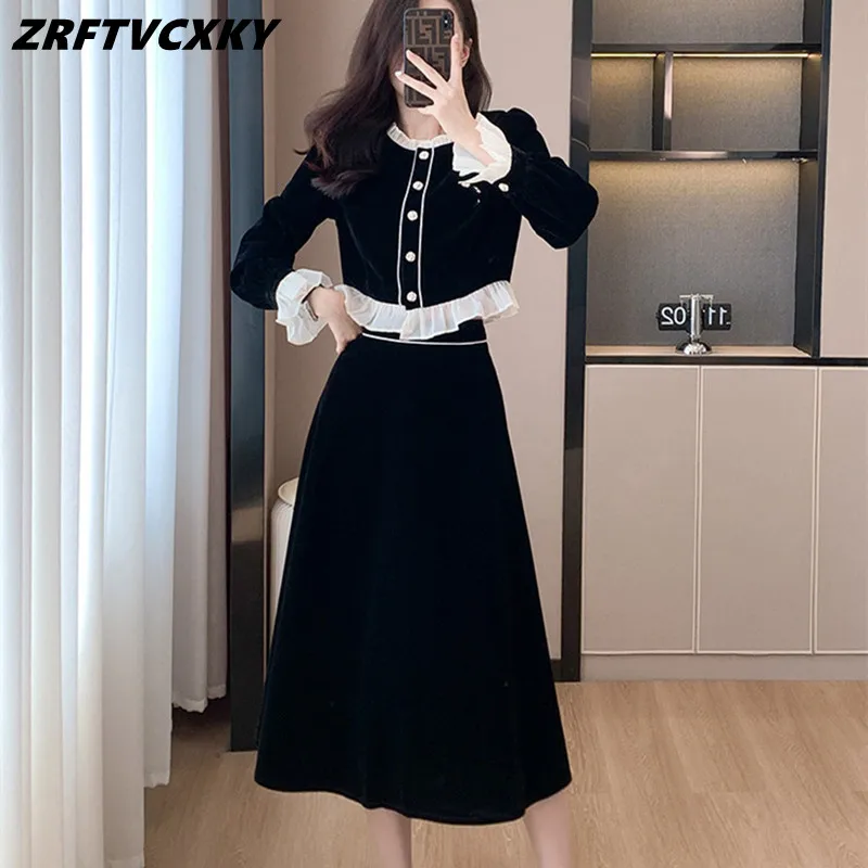 

Hepburn Vintage Velvet Skirt 2 Piece Sets For Women Elegant Patchwork Flare Sleeve Tops+Designer Midi Skirt Suit Autumn New Outf