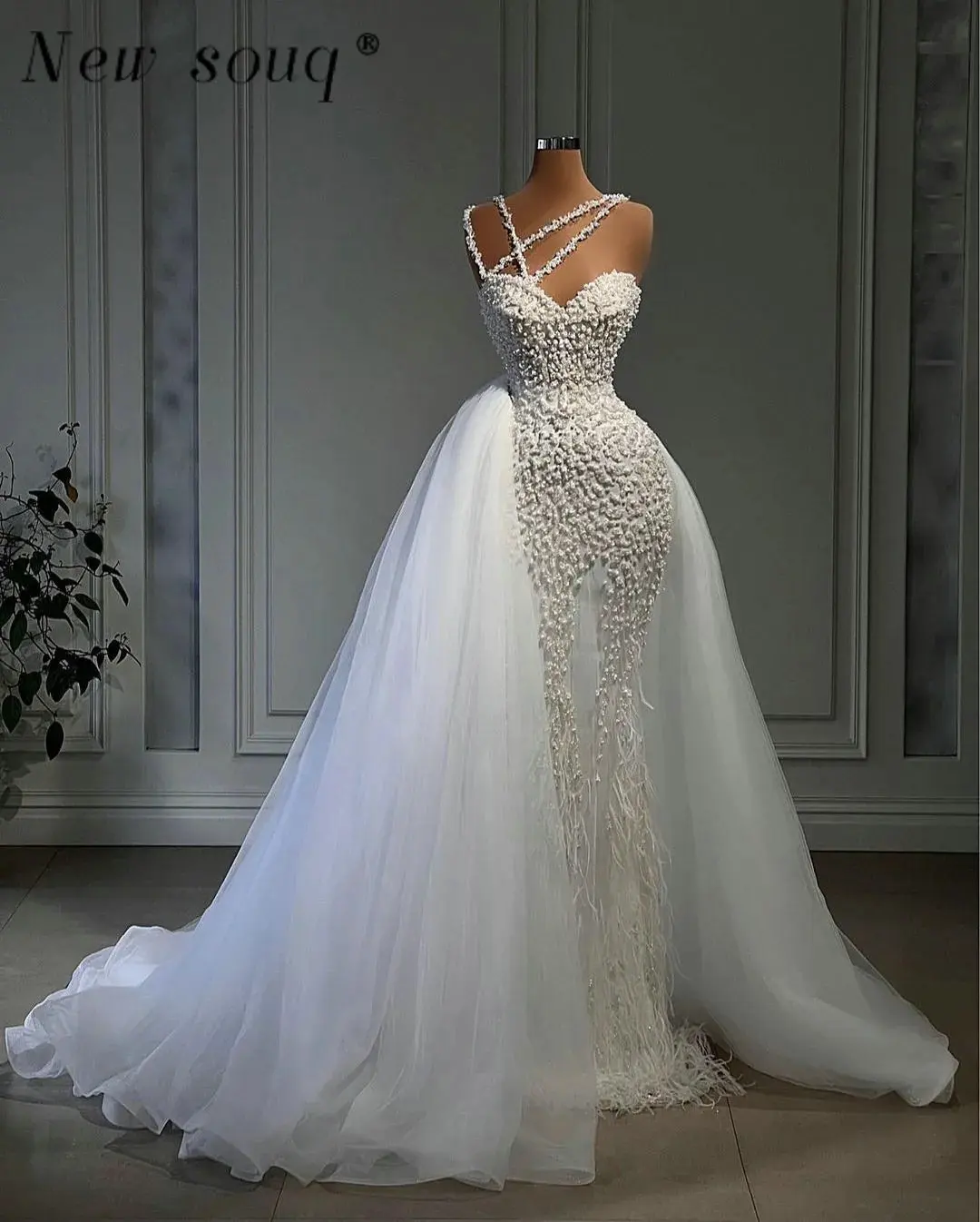 

Роскошные Жемчужные вышитые бисером платья русалки из тюля со съемным шлейфом перьями нарукавники для помолвки Искусственные Свадебные платья