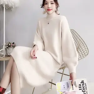 Warm and Thickened Dress 2024 New Autumn  Winter Casual Long Over Knee Half High Neck Loose Knitted Sweater  B774