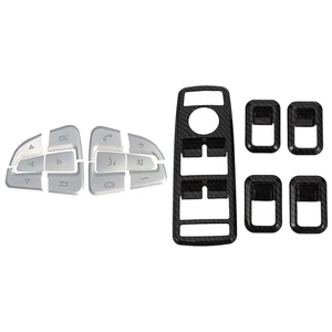 2 Set Car Accessories: 1 Set Car Door Window Switch Cover Trims & 1 Set Car Steering Wheel Button Cover Trim Stickers