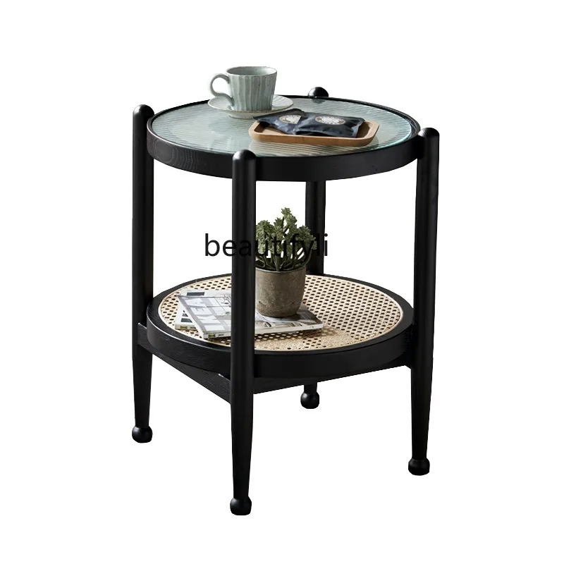 

Modern simple solid wood side table, creative living room table, Nordic bed and breakfast rattan small apartment coffee table