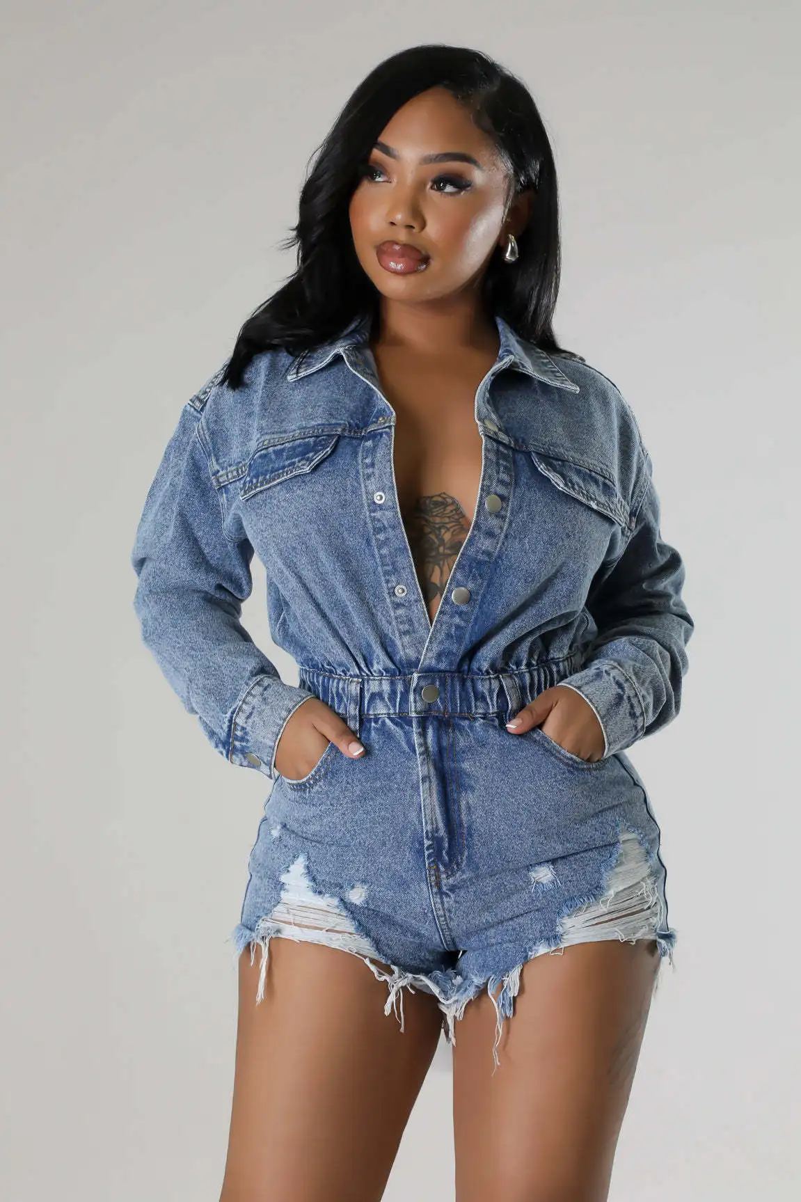 

High Elastic Broken Hole Tassel Denim Playsuit Romper Sexy Button V Neck Long Sleeve Hand Frayed Shorts Jumpsuit One Pieces Y2K