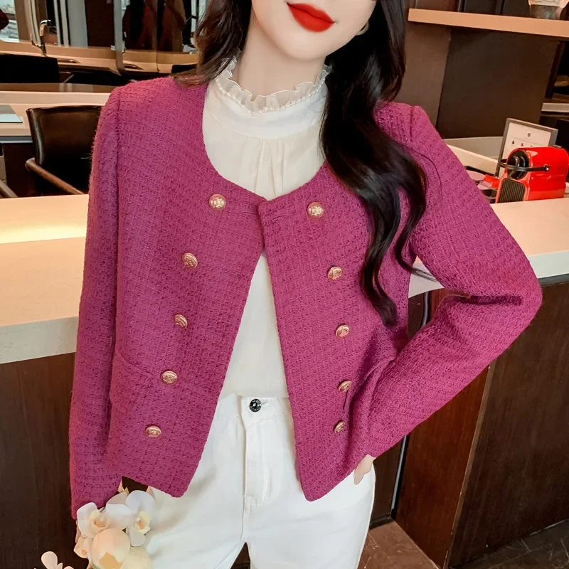 

High Quality 2024 Autumn Winter Small Fragrance Temperament Tweed Red Jacket Korean Fashion Women Top Chic Short Jackets