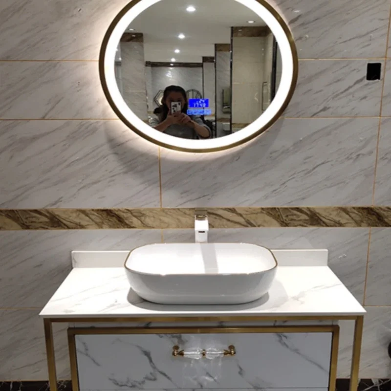 Light luxury stainless steel bathroom cabinet combination rock slab washstand waterproof intelligent countertop basin