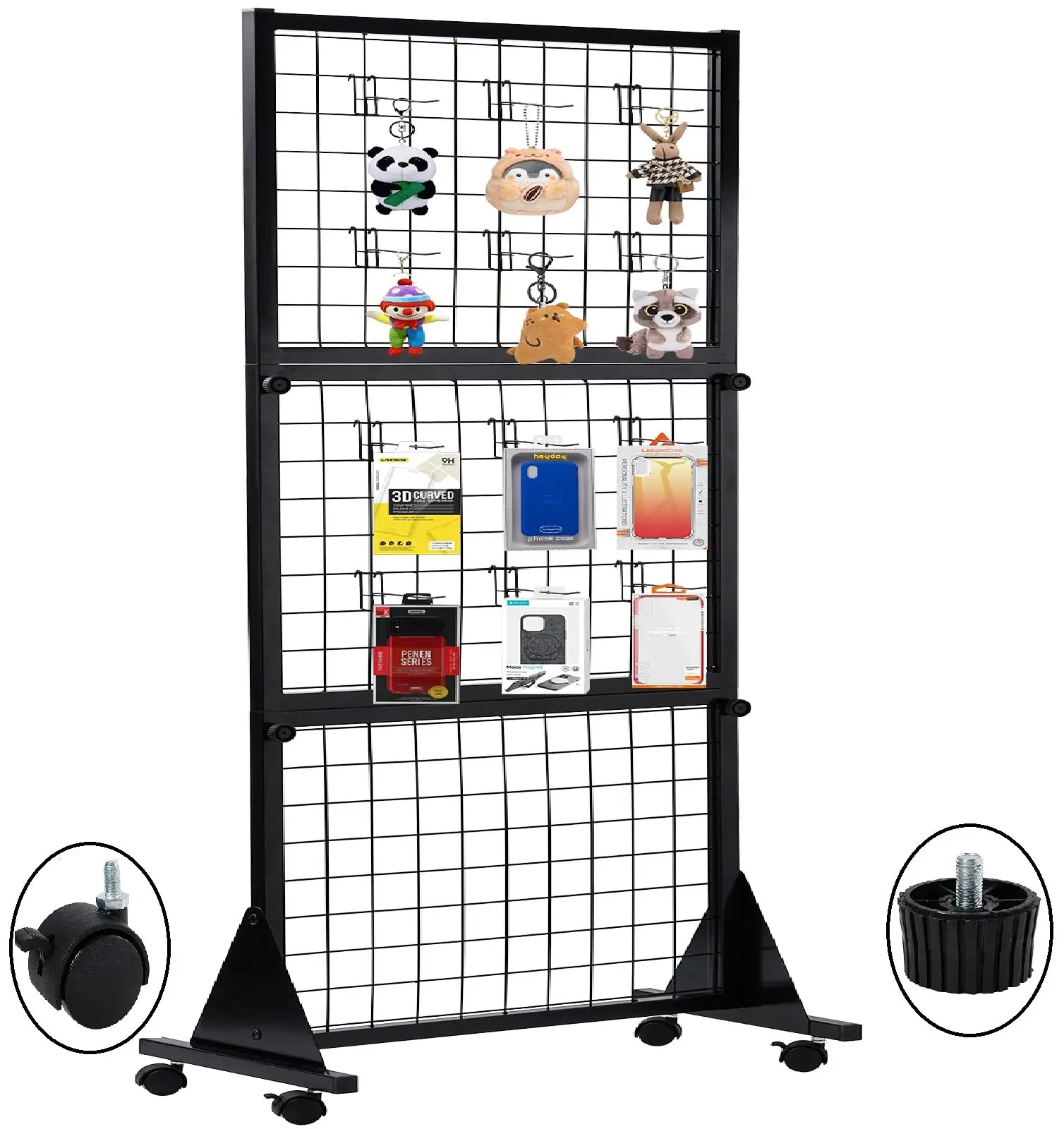 3 Layers Grid Wall Panels with Stand 5.25' x 2' Heavy Movable Wire GridWall Panel Tower with T-Base Floorstanding on Wheels wall mounted organizer