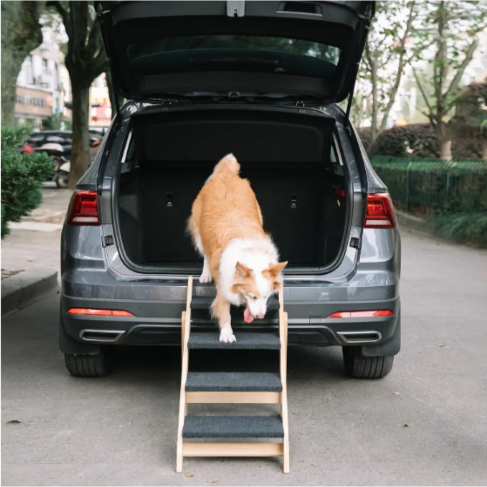 Wooden Foldable 4-storey Pet Ramp Stairs Dog/Cat Ramp Ladder Training Stairs for Bed