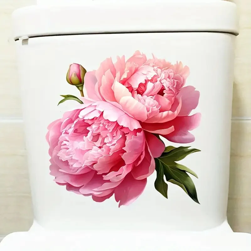 Blooming Pink Peony Toilet Sticker Bathroom Home Decoration Wall Sticker Decoration Sticker For Door Refrigerator Window