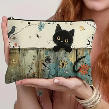 Custodia con cerniera floreale Black Cat: borsa per cosmetici durevole e resistente allo sbiadimento, regalo per sorelle, amici, amanti dei gatti |   Design vibrante