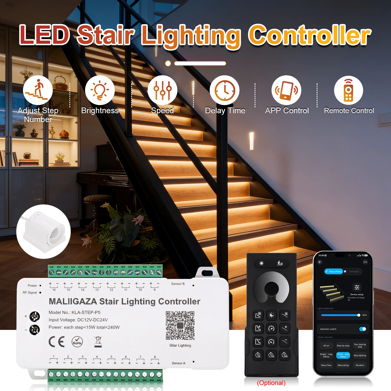 ชุดไฟ LED สำหรับบันได พร้อมเซ็นเซอร์ตรวจจับความเคลื่อนไหว 24V สำหรับไฟบันได ชุดเต็ม พร้อมแถบไฟ COB LED ไฟใต้บันได 1-16 ขั้น ควบคุมผ่านแอป 1