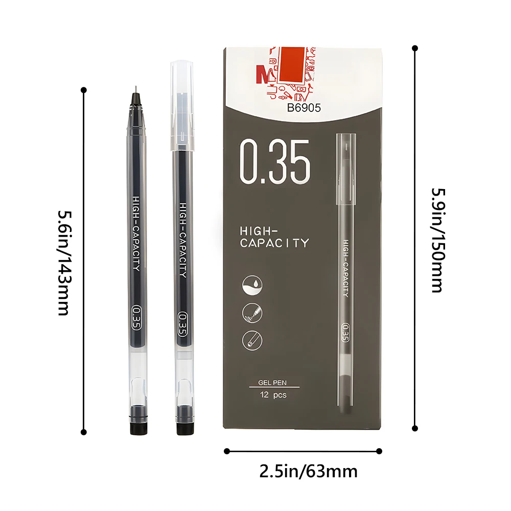 M&G 12pcs 젤 펜 0.35mm 검정색 대용량 전체 주사기 서명 펜 학생 시험 사무실