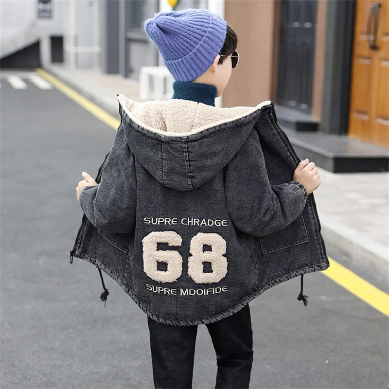 

Boys Coat Jacket Cotton Outerwear Black 2023 Grey Jean Thicken Velvet Winter Snowsuit Furs Children's Clothing
