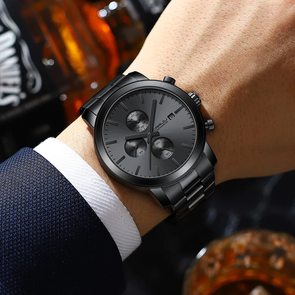CRRJU Orologio Uomo Cronografo In Acciaio Inox, Impermeabile 30m, Movimento Giapponese Seiko, Vetro Minerale, Quadrante Blu Con Datario, Regalo Con Scatola