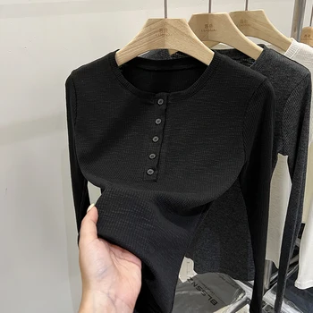 الخريف المرأة تي شيرت خمر سليم صالح تنوعا تي شيرت المرأة عادية الصلبة زر س الرقبة طويلة الأكمام تيز فام مضلع Y2k 3