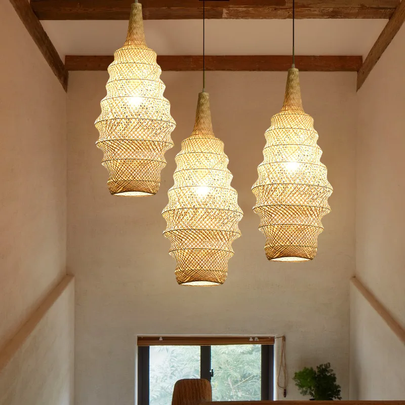 

Creative Bamboo Art Pendant Lamp Chinese Style Homestay Tea Room Hanglamp Living Room Loft Personality Weaving Suspension Lights