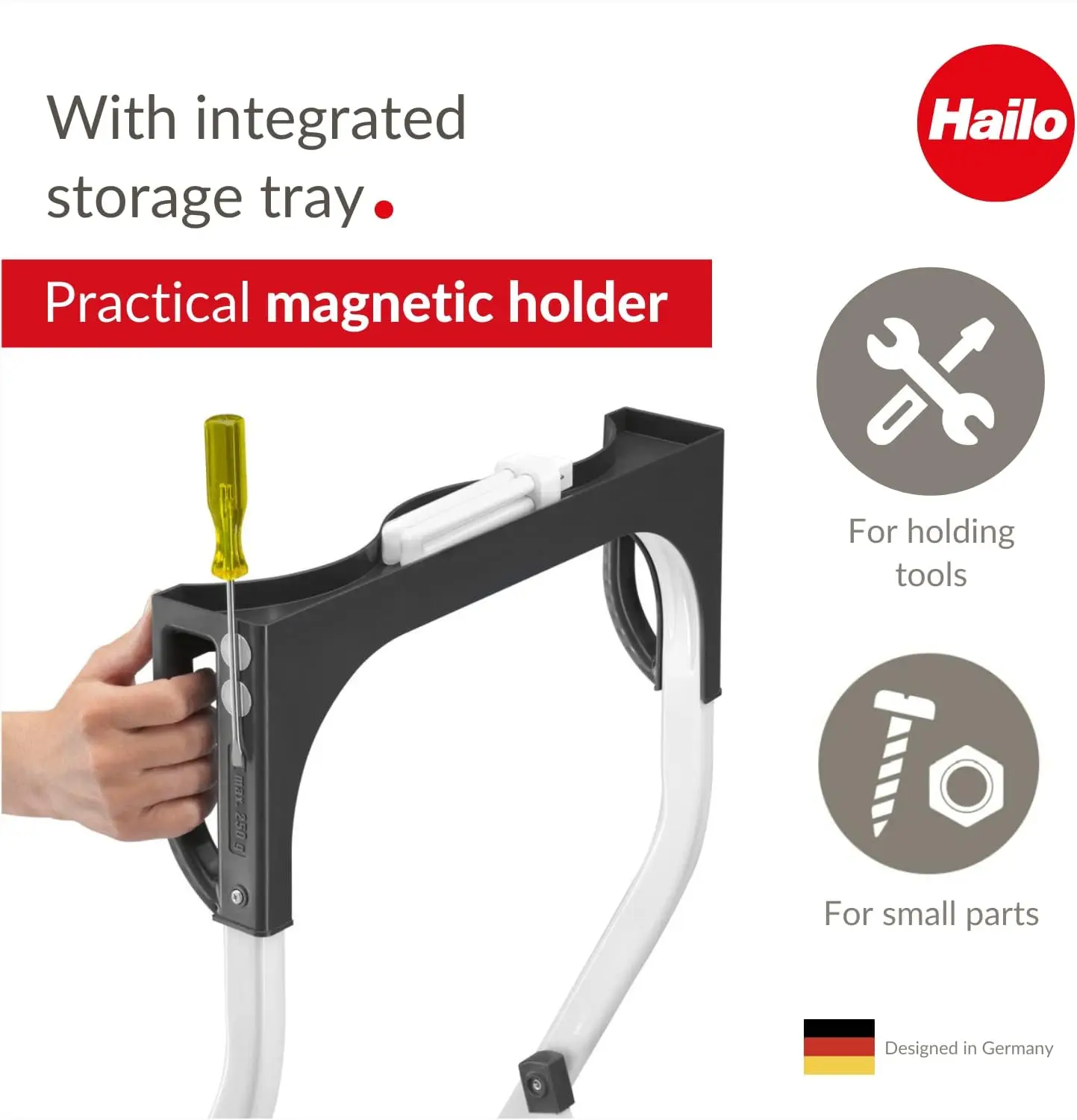 Steel Folding Stepladder | Three Large Steps with Non-Skid mats | High Curved Safety bar and Storage Tray | Folding