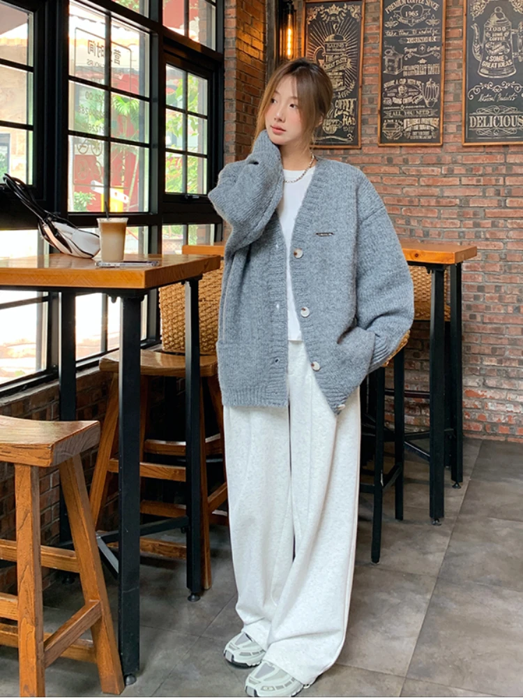 여성용 헐렁한 싱글 브레스트 가디건, 우아한 한국 스타일, 스타일리시 심플 브이넥 뜨게 스웨터, 심미적, 가을