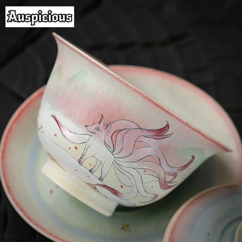 150ml Hand-painted Nine-tailed Fox Gaiwan Jingdezhen Kiln Change Wood-fired Porcelain Tea Tureen Tea Maker Cover Bowl Collection