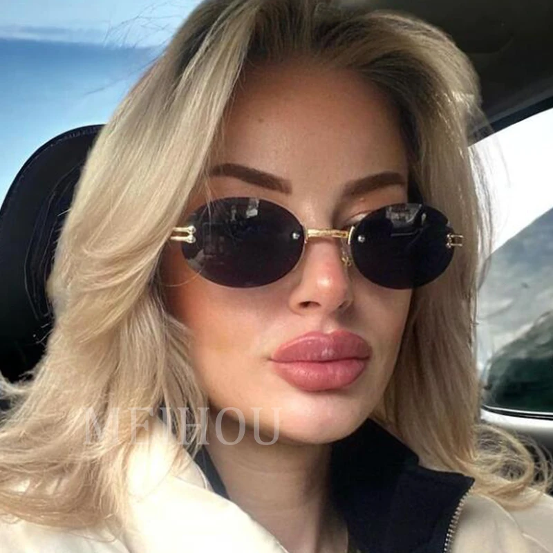 

Rimless Oval Sunglasses For Women Small Metal Frame Fashion Clear Ocean Lens Shades Sunglasses Womens 2024 Vintage Eyewear