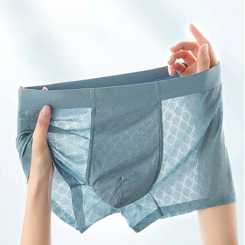 

Men Underwear Seamless Ice Silk Boxer Shorts Summer Thin Antibacterial Male Underwear Solid Color Transparent Bikini Men