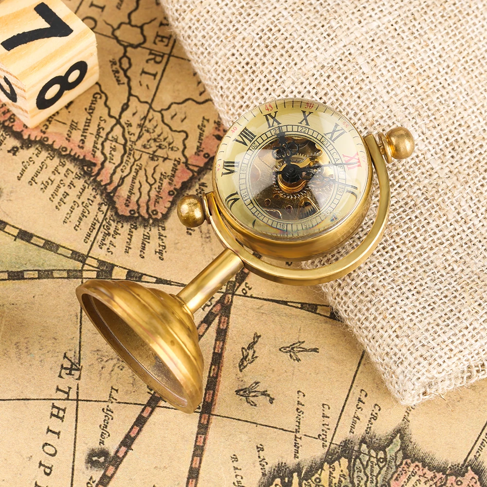 Vintage Copper Spinning Globe Gold Desk Mechanical Pocket Watch Hand Winding Movement Home/Office Luxury Decoration Collectibles