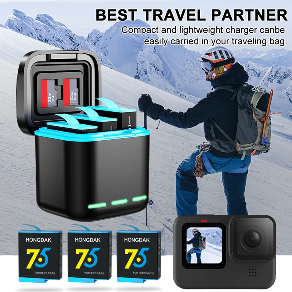 고프로 Go Pro Hero 8 7 6 5 용 배터리 충전기, C 타입 케이블, 배터리 보관 케이스, 배터리 충전기 스테이션, 카메라 액세서리