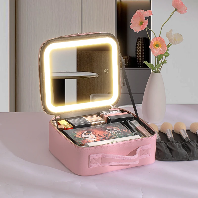 Travel Makeup Bag with LED Lighted Mirror 3 Color Scenarios Adjustable Brightness, with DIY Dividers, Toiletry Makeup Case Gift 3