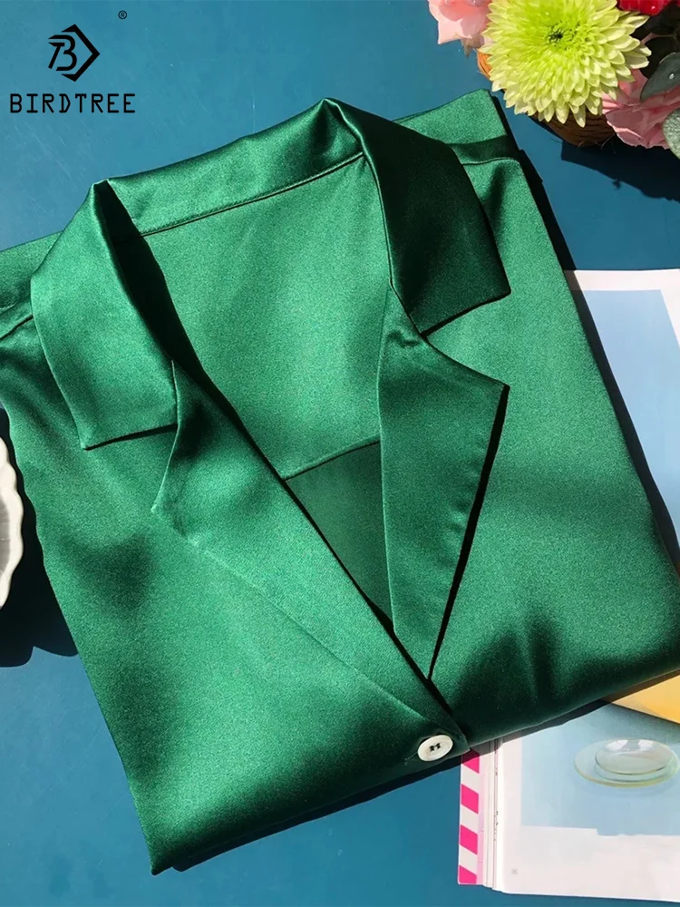 

BirdTree Satin Long Sleeve Lapel,95% Real Silk Shirt for Women,Elegant Fashion Blouses,2024 Spring New Tops,Emerald T41575QM