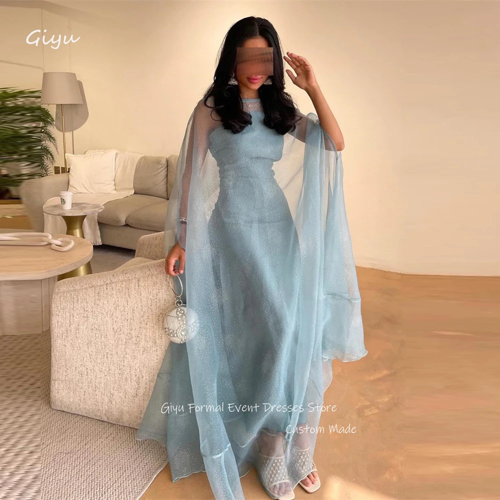 

Giyu Shiny Dusty Blue Evening Dresses With Jacket Long Sleeves Ankle Length Prom Gowns Formal Occasion Dress Party Dubai Arabic