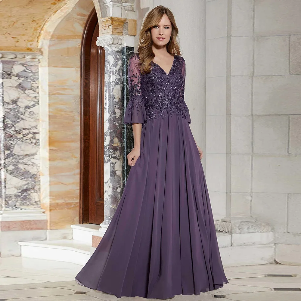 Elegant Purple Mother Of The Bride Dresses With Appliques V Neck 3/4 ...