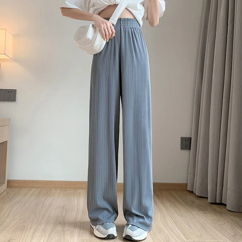 Ice Silk Wide Legs Women's 2024 Summer Spliced Elasticized Screw Thread Pocket Fashion Solid Color Loose Casual Straight Pants