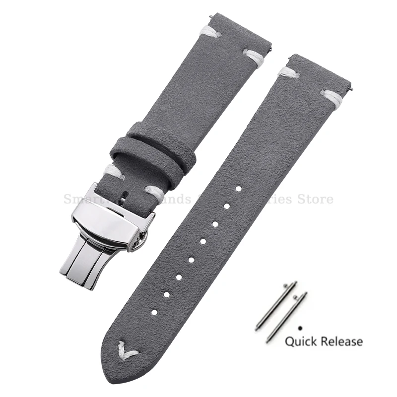 Vintage Handmade Suede Stitch Leather Watch Strap with Quick Release and Folding Clasp