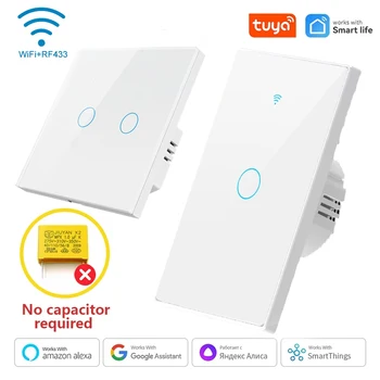 สวิตช์อัจฉริยะ Tuya WiFi แบบ EU/US RF433Mhz สวิตช์แบบสัมผัส ต้องใช้สายกลาง ใช้งานร่วมกับแอป Smart Life รองรับ Alexa และ Google 1/2/3/4 ช่อง 1