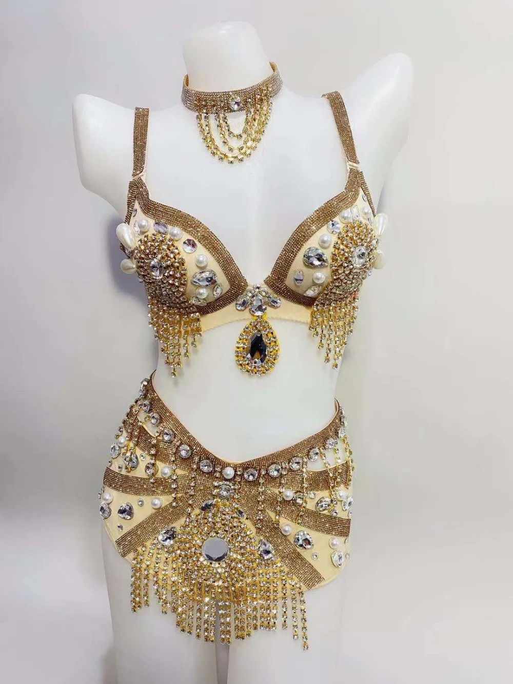 

Women Singer Dancer Team Party Rave Dance Nightclub Costume Sexy Gold Silver Red Black Rhinestones Tassel Bikini Dance Outfit DJ