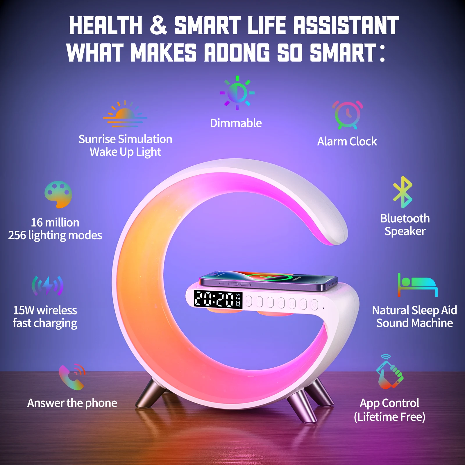 Bluetooth Speaker LED Alarm Clock.RGB Colorful Atmosphere Night Light