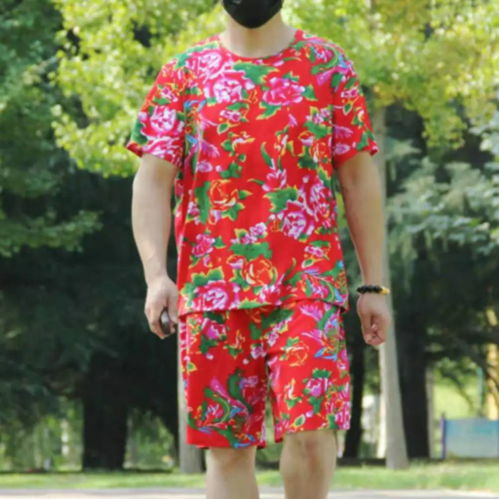 

T-shirt Shorts Set Chinese Ethnic Style Men's Outfit Set with O-neck Short Sleeve Tops Wide Leg for Summer for Men for Men