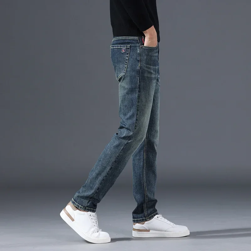Winter Men's Fleece Slim Straight Jeans Retro Washed Elastic Cotton Black Blue Denim Pants Fashion Korean Brand Clothing