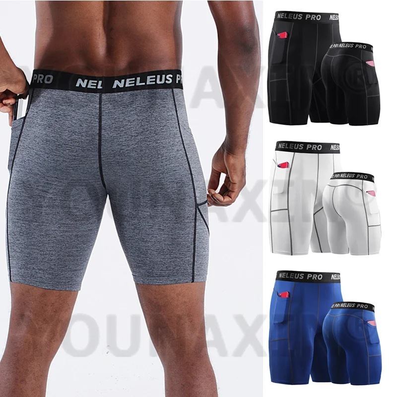 Men's Running Shorts Fitness Quick-drying Gym Tight Leggings Outdoor Basketball Base Layer Pant With Pocket M L XL 2XL 3XL 4XL