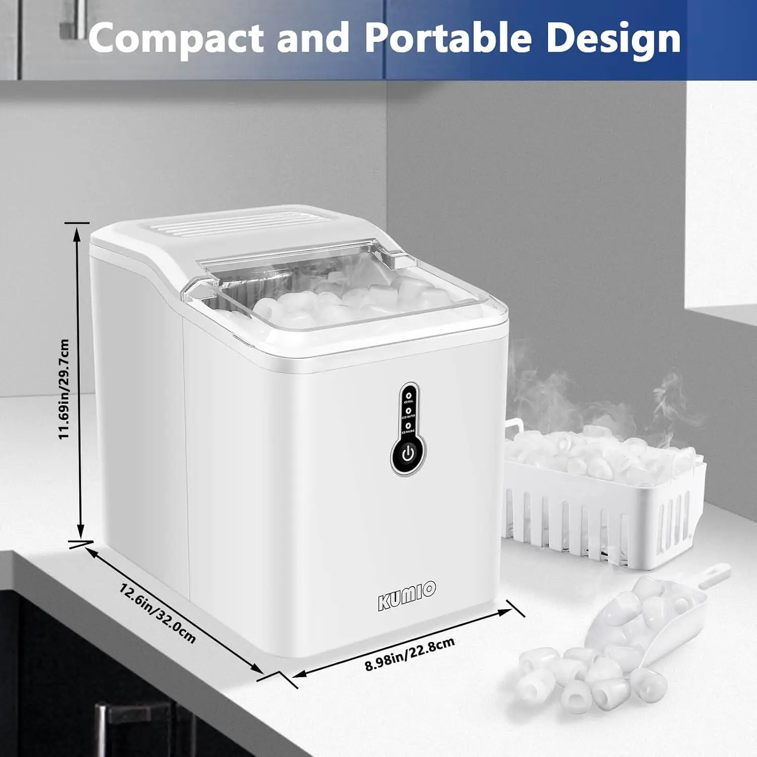 NEW Countertop Ice Maker, 9 Thick Bullet-Shaped Ice Ready in 6-9 Mins, 26.5 Lbs in 24Hrs, Portable Maker Machine White