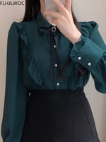 2025 Woman Cute Sweet Girls Thin Semi Transparent Ribbon Bow Tie Retro Vintalge Top Blusas Purple Green White Button Shirts - Image 4