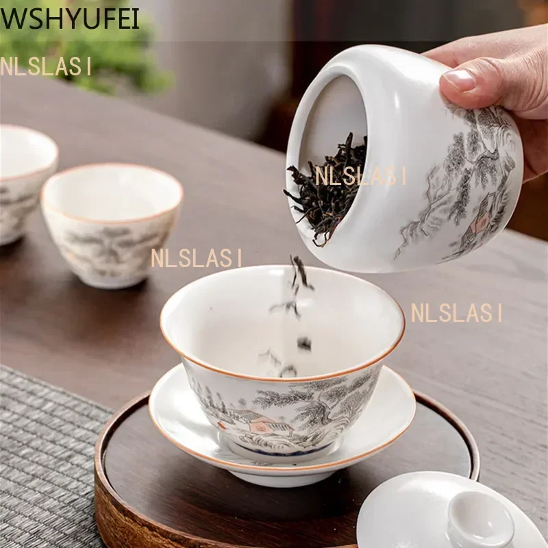 Jingdezhen Ceramic Gaiwan Teacup handmade Tea Tureen Boutique tea bowl Chinese Porcelain Teaware Accessories Drinkware tea set