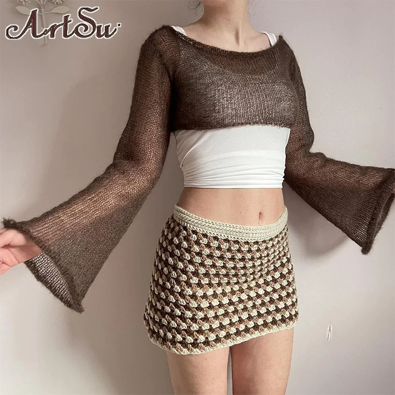 

Women Flared Sleeves Cropped Sweater O Neck Loose See Through Pullovers Autumn Clothes 2023 Fashion New Streetwear Knitted Tops