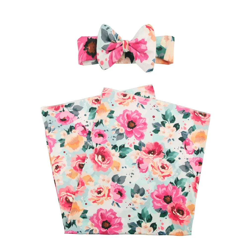 Newborn Photography Blanket Floral Printed Newborn Baby Swaddle Wrap Knotted Hat 2 Pcs Set Infant Photography Shooting Props