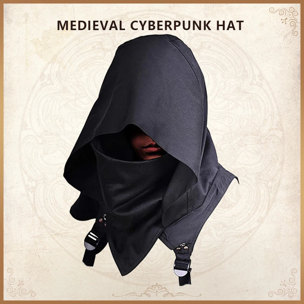 

Men's Medieval Vintage Pirate Cosplay Mask Hooded Cloak Black White Gothic Punk Button Hood Face Shield Halloween Costumes