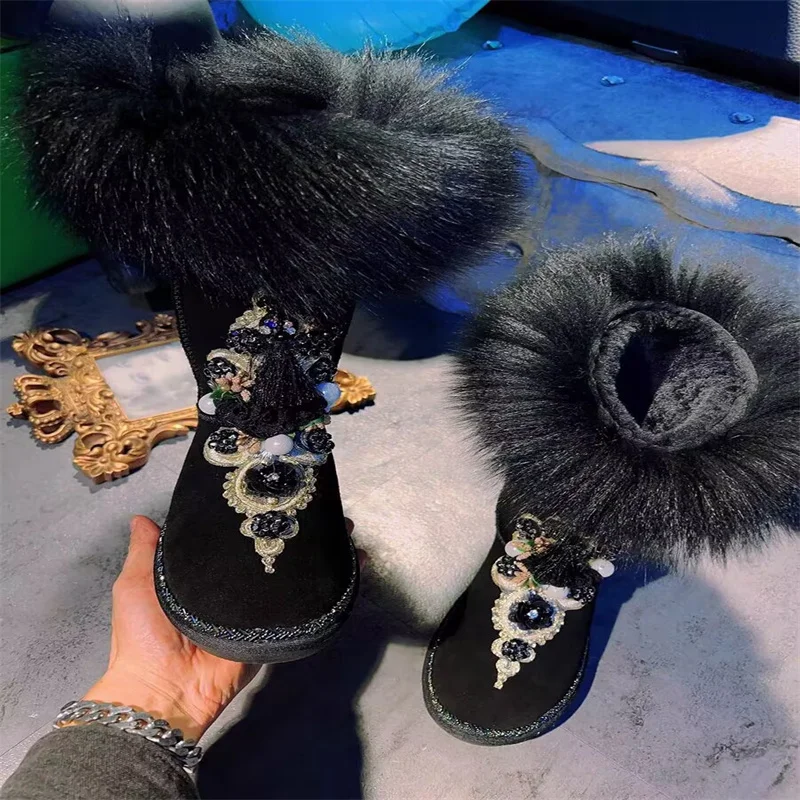 

Ethnic style sequins handmade custom fur one-piece boots Rhine-diamond and fleece warm fox hair boots women's plus size 35-44