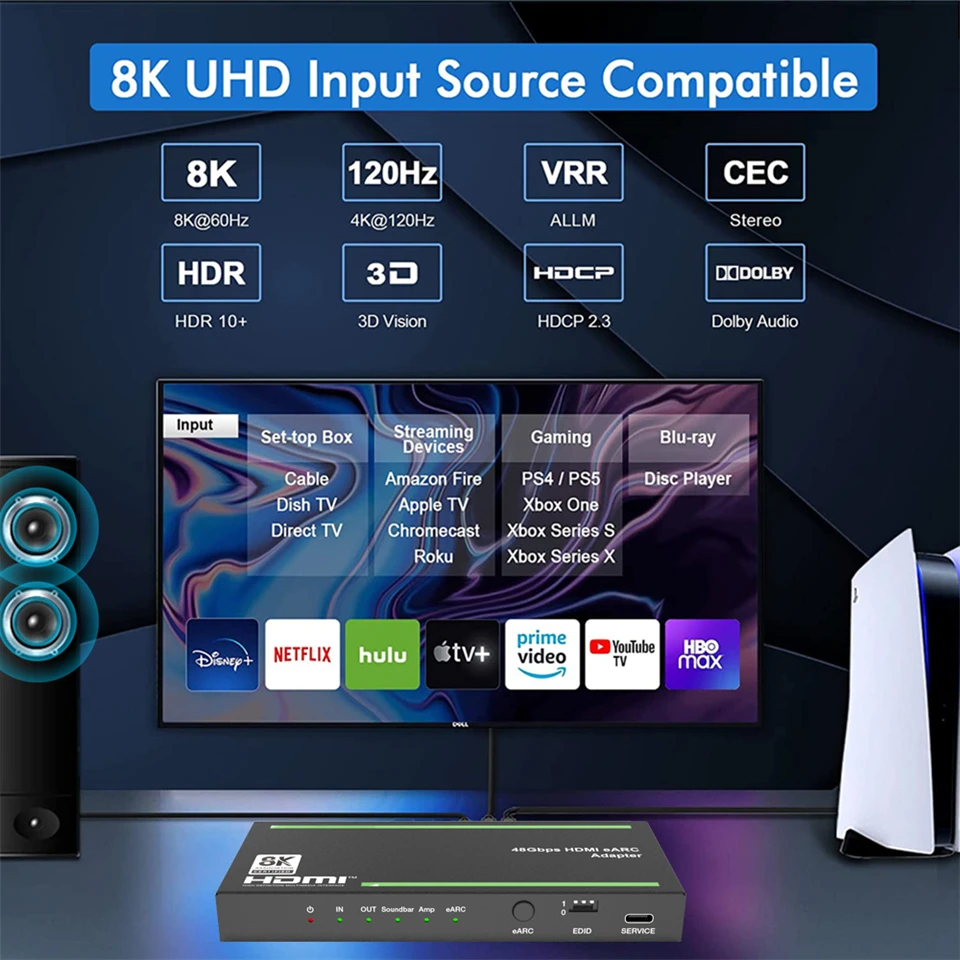 Navceke 4K 120Hz HDMI 2.1 eARC Audio Extractor 48 Gbps HDMI eARC Splitter 8K 60H