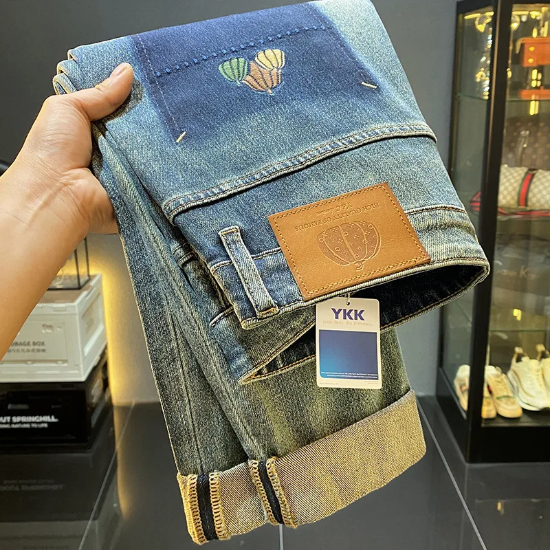 2024 Spring And Autumn New Retro Simple Loose Jeans For Men'S Fashion Versatile Pumpkin Embroidered Casual Luxury Denim Pants 2
