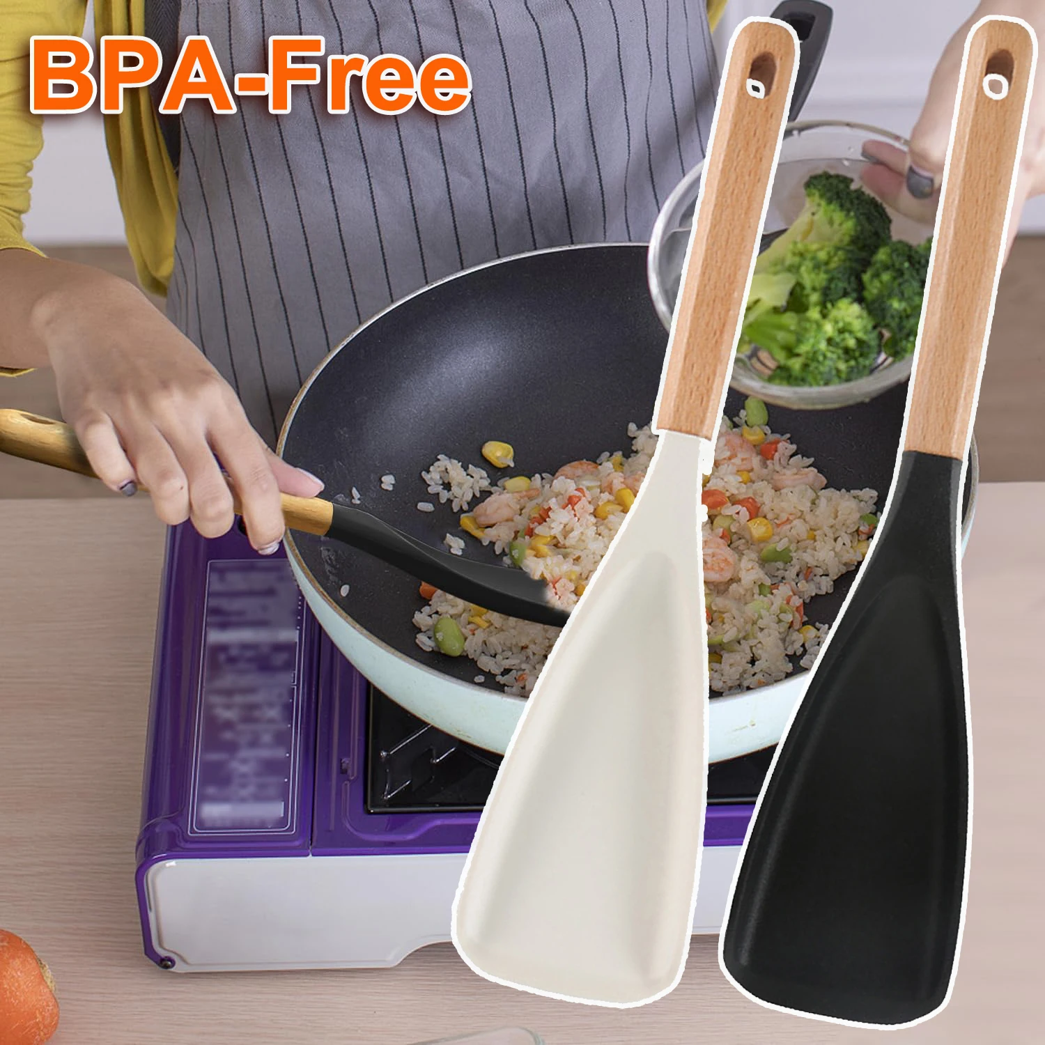 Silicone Cooking Spoon for Nonstick Cookwares Durable BPA-Free Rice Scooper Wood Handle Spoon for Mixing Salad Scoop Scrape kitchen utensils