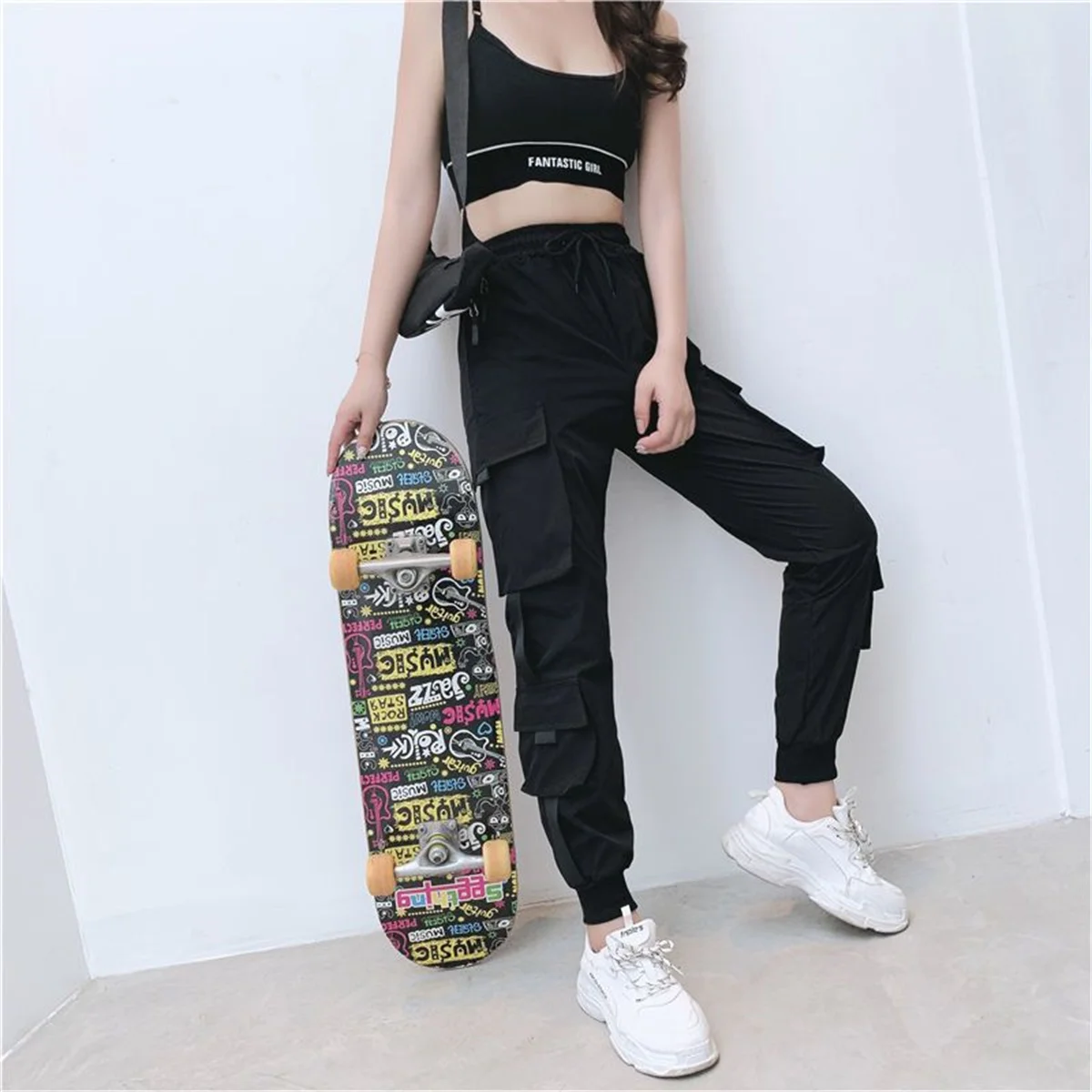 Black Cargo Pants Women Casual Joggers High Waist Loose Female Hip Hop Trousers Korean Punk Pants Funny Capri Streetwear Femme
