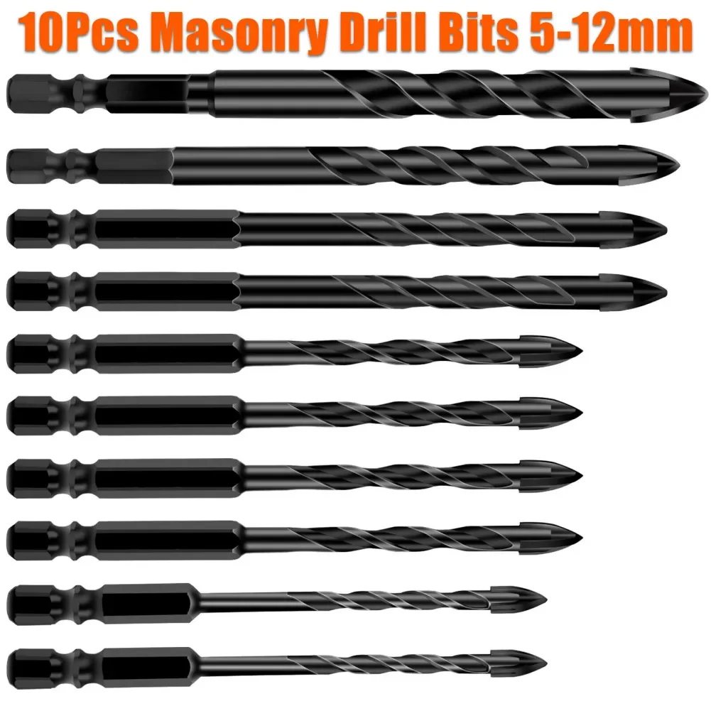 10pcs Concrete Drill Bit Set  Shank 5mm 6mm 8mm 10mm 12mm Masonry Drill Bits For Glass Ceramics Tiles Mirrors Wood Marble