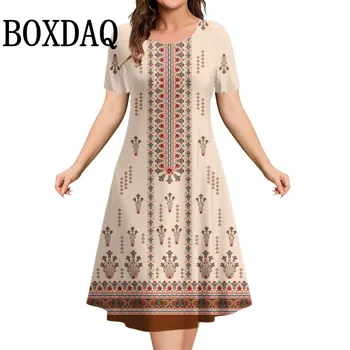 2025 Fashion Women's Dresses Vintage Ethnic Style O-Neck Short Sleeve Summer Clothing Woman Loose Casual Plus Size Bohemia Dress